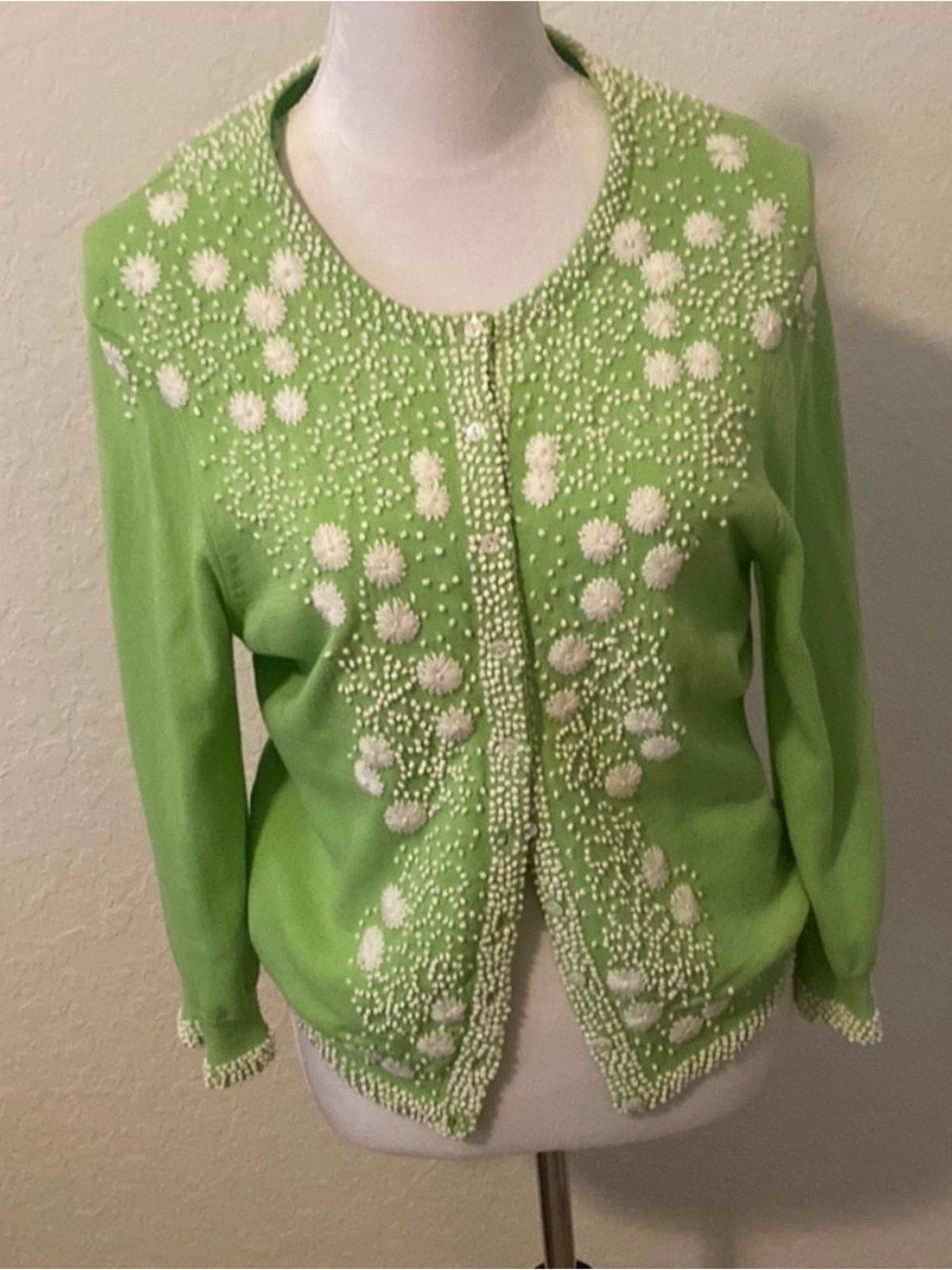 Women’s Trina Turk Embellished Green Crewneck Sweater Cardigan